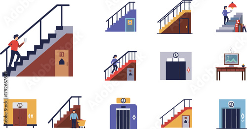 Stylized elevator, stair, and escalator scenes, vector illustration for accessibility, public space design, and editorial behavioral content