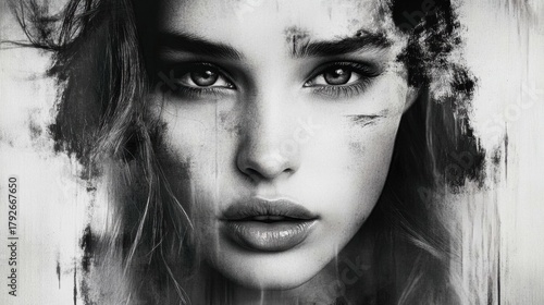 Black white portrait young woman face appears Smudged ink effect