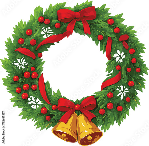 Lush Wreath with Red Ribbons, Berries, and Golden Bells
