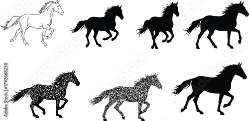 Stylized horse motion illustration set with silhouette and patterned designs, trotting and running poses, vector grid for artistic comparison