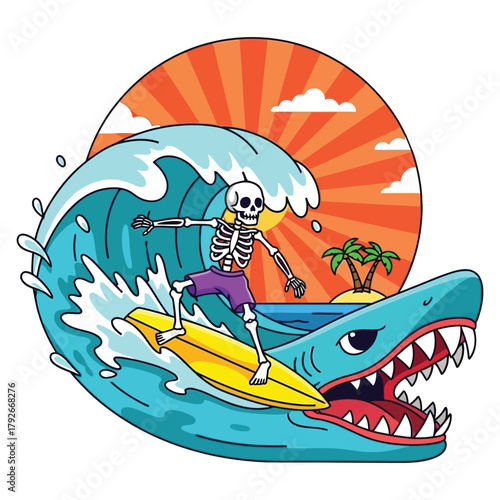 Skeleton surfer rides massive wave with shark jaws opening, tropical island paradise sunset backdrop, vibrant summer adventure scene