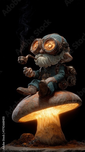 Steampunk gnome with goggles sits on glowing mushroom smoking pipe fantasy