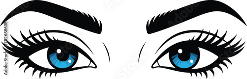 Stylized illustration of expressive blue eyes with dramatic lashes and brows for fashion, beauty, and editorial vector content