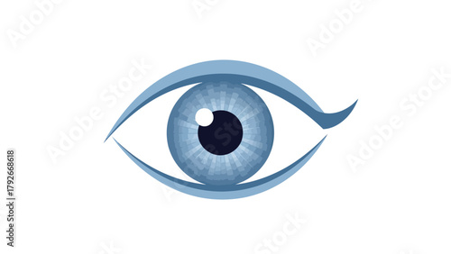 A stylized blue eye with a dark pupil and a white highlight