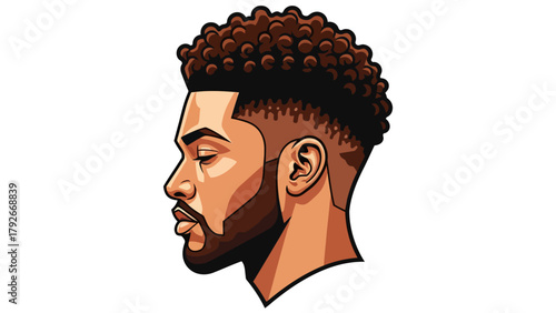 A stylized portrait of a man with curly hair and a beard