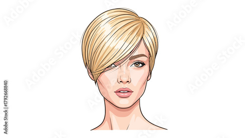 A stylized illustration of a blonde woman with a short haircut