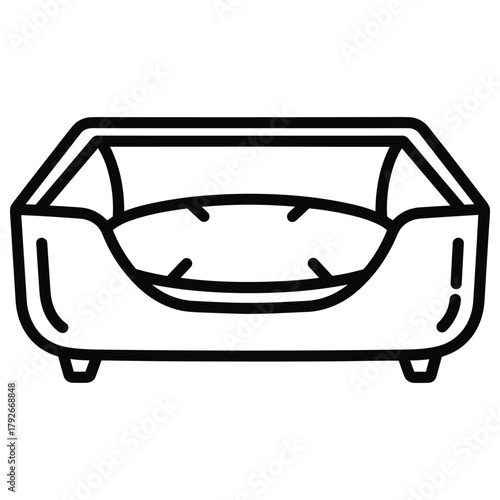 Simple black and white line drawing of a dog bed for use in designs
