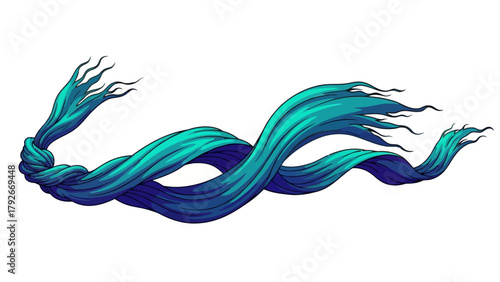 A teal scarf with frayed ends tied in a knot