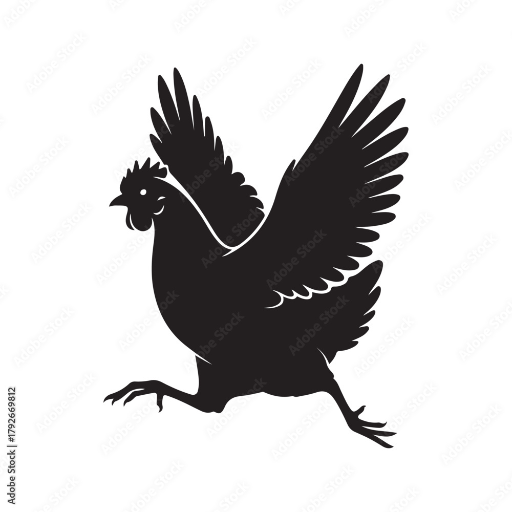 Fototapeta premium Running Chicken Silhouette with Spread Wings Vector Art