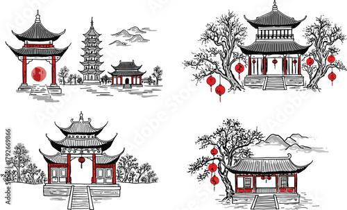 Stylized illustrations of traditional Chinese architecture with pagodas, temples, lanterns, and nature elements for cultural and heritage content