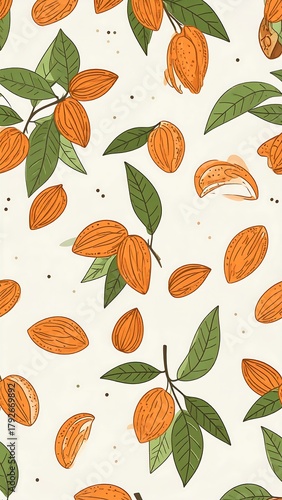 Animated almond tree pattern with fruits and leaves scattered