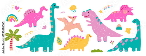 Cute crayon dinosaur illustration bundle. Adorable doodle dinosaurs with rainbows, trees, and stars, naive scribble of a cheerful prehistoric scene . Perfect for kids notebooks, posters, or fun cover 