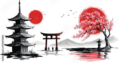Stylized Japanese landscape with pagoda, torii gate, cherry blossom tree, red sun, and silhouettes for cultural and heritage content