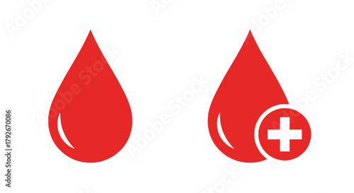 Red blood drops with a medical cross symbol representing healthcare and donation