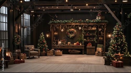 Cozy rustic living room decorated Christmas has high interior rural background