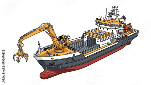 A vessel with a large orange crane on the left side