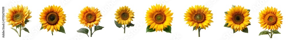 Obraz premium A row of vibrant sunflowers facing the viewer showcasing their golden petals and dark centers.