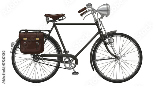 A vintage black bicycle with a brown saddlebag and leather grips
