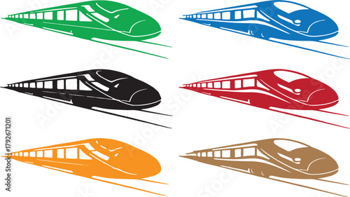 Colorful stylized high speed trains in various shades on a white background