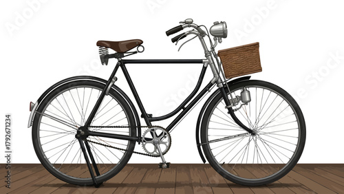 A vintage black bicycle with a wicker basket and brown saddle on a wooden floor