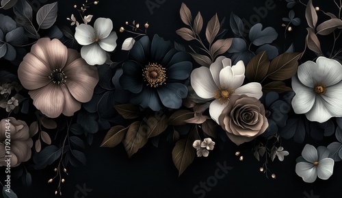 Digital art piece that features bouquet flowers leaves Close up of blooming