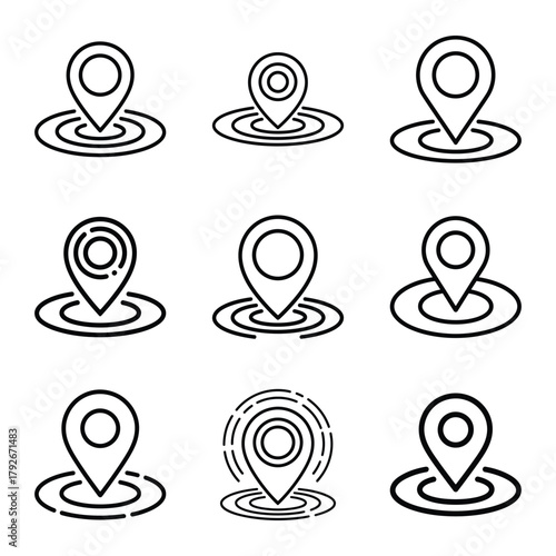 Location map pin icons set with ripple effect, gps navigation symbol