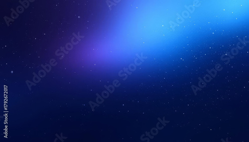 Vast dark cosmic expanse with twinkling stars and a vibrant gradient of purple to bright blue light.