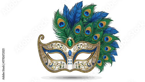 A white and gold masquerade mask adorned with peacock feathers