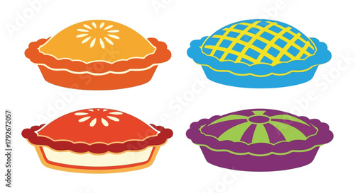 Four colorful pies with unique designs a delightful baked goods illustration