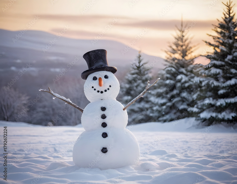Fototapeta premium A cheerful snowman standing in the middle of a snowy field, with twinkling Christmas lights wrapped around nearby trees, creating a warm and festive atmosphere against the snow