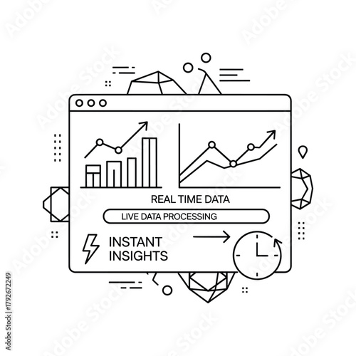 Data analysis dashboard with charts and graphs, showcasing real time processing and insights