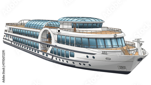 A white cruise ship with multiple decks and a glass roof