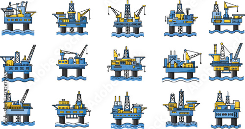 Offshore oil rig illustrations, ocean drilling platforms, petroleum engineering, industrial structures, energy production, maritime equipment, technical sketch, editable vector pack