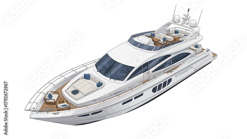 A white motor yacht with multiple levels and seating areas