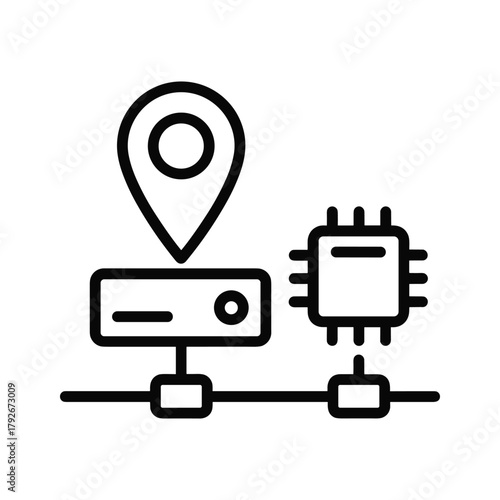 Location pin above server and computer chip connected by network line