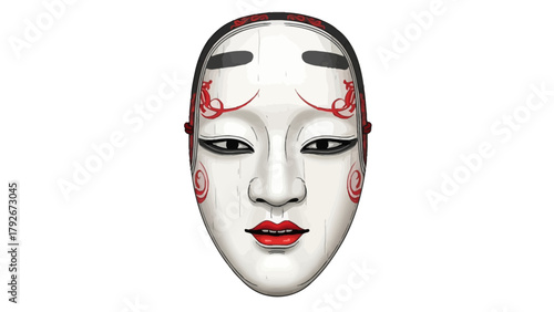 A white Noh mask with red accents