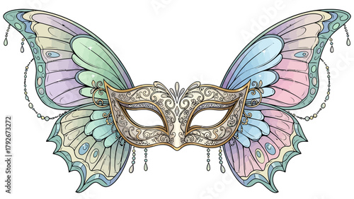 A white gold and ornate masquerade mask with pastel butterfly wings