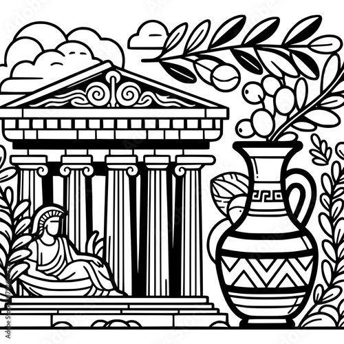 Black and white illustration of a greek temple with a statue and vase filled with olive branches design