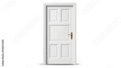 A white paneled door with a brass handle against a white background