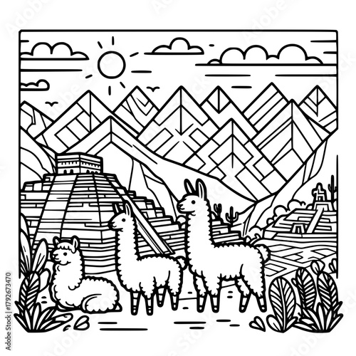 Three Llamas Standing and Sitting in Ancient Peruvian Mountain Landscape with Pyramids, Line Art Coloring Book Style