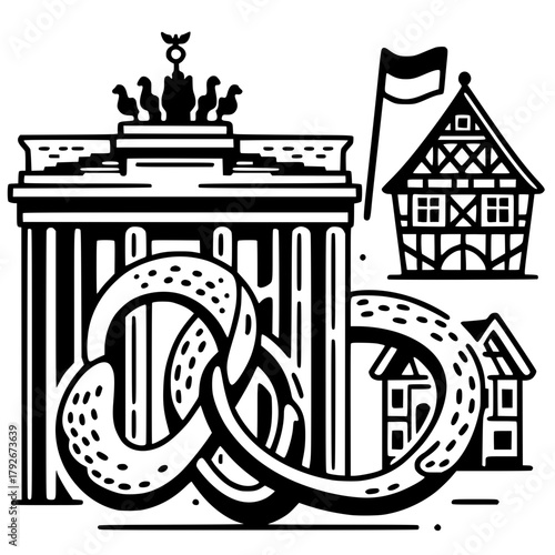 Illustration of brandenburg gate with pretzel and german houses in black and white outline style