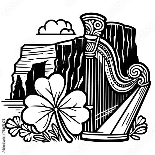 Black and white illustration of a harp with cliffs, cloud, and a shamrock in the foreground