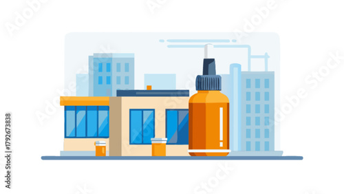 Pharmaceutical manufacturing plant with medicine bottle and cityscape vector illustration