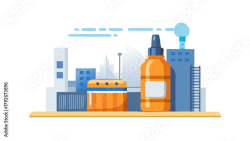 Cityscape industrial vector design with factory buildings and chemical bottle illustration concept design