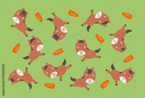 走る馬のキャラクターと人参のイラスト緑