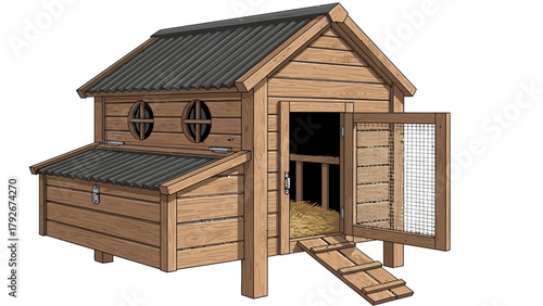A wooden chicken coop with a ramp and an open door reveals hay inside