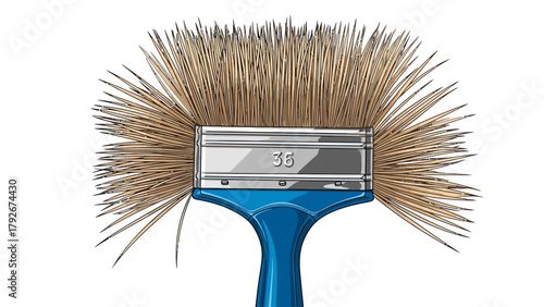 A wide paintbrush with a blue handle and metallic ferrule marked 35