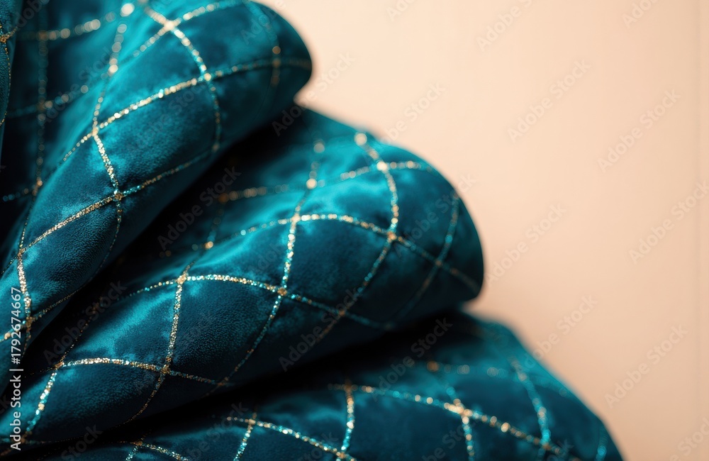 Obraz premium Close-up of luxurious teal fabric with gold stitching creating a quilted pattern