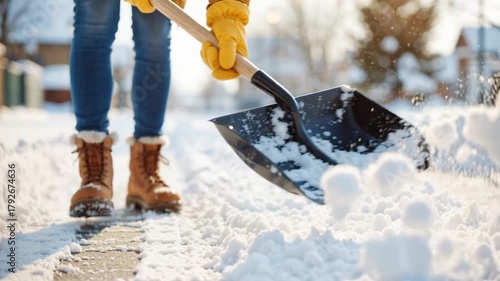 close-up of someone in warm clothes using a shovel to clear snow from a snowy sidewalk on a cold winter day