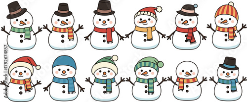 Cute Cartoon Snowman Vector Characters Set Wearing Colorful Scarves and Winter Hats: Perfect for Christmas, Holiday, and New Year Celebration Designs.